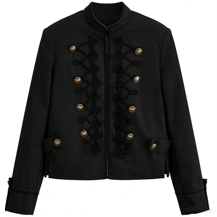 Dam Kort Militär-Stil Jacka med Decorative Cords och Ståkrage