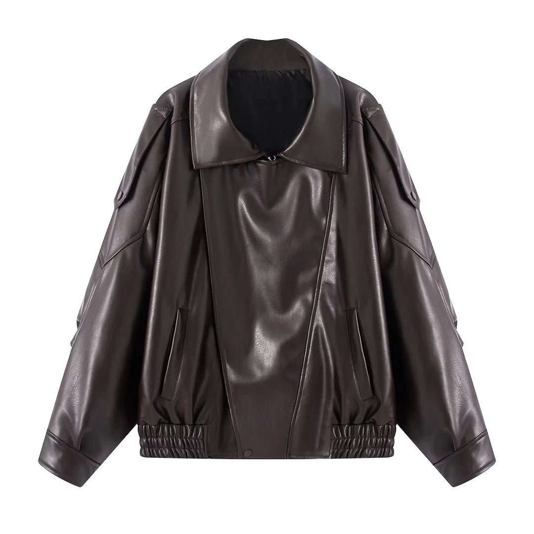Dam oversized konstläderjacka med stor sjalkrage, påsydda fickor och elastic waistband