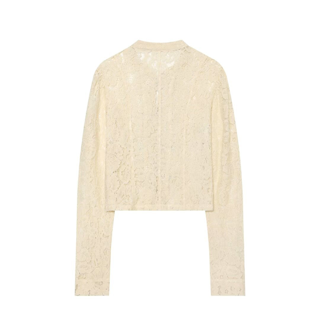 Dam Lace Jacka med Mandarinkrage och Decorative Frog Stängningar