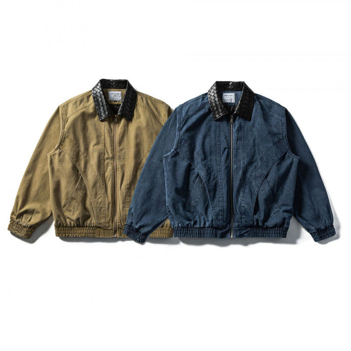 Herr boxig Denim Blouson Jacka med quiltad Läder Krage och elastiska muddar