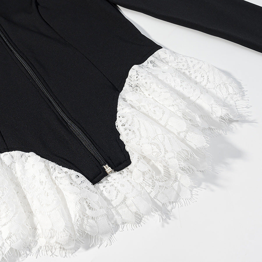 Dam Tailored Kort Jacka med Center Dragkedja och Lace Ruffles