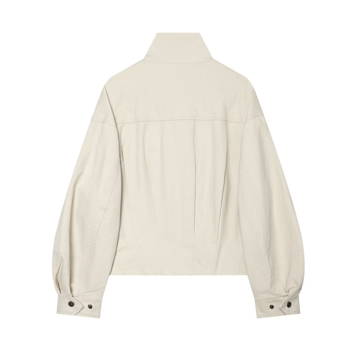 Dam Boxig Kort Blouson med Hög Ribbed Stå Krage och Drawstring Nederkant