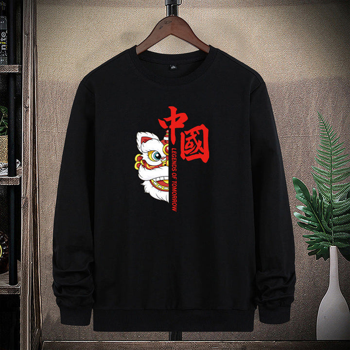 Herr College-Tröja med Traditional Lion Dance Motif och Round Neckline