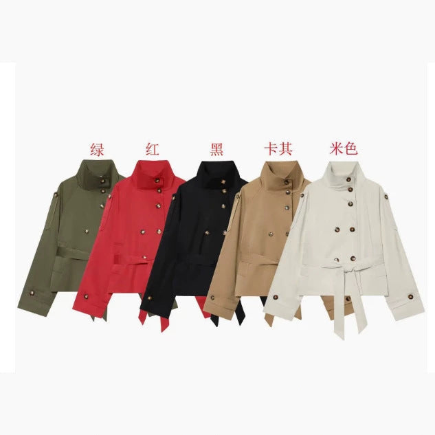 Dam 10+ Kort Double-Breasted Kort Jacka med Stå Krage och Waist Belt