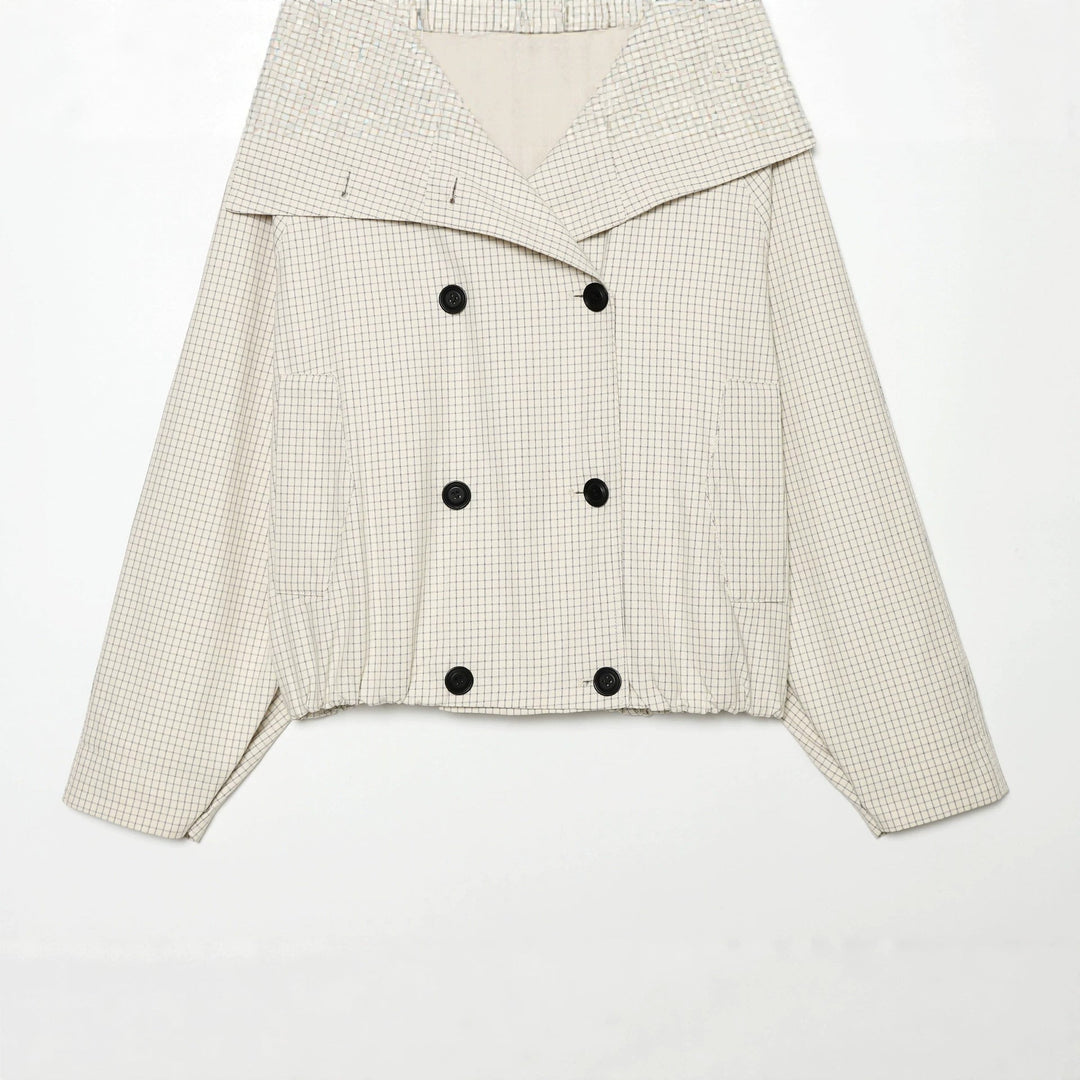 Dam kort skärning double-breasted trenchcoat med oversized sjalkrage och elastisk fåll