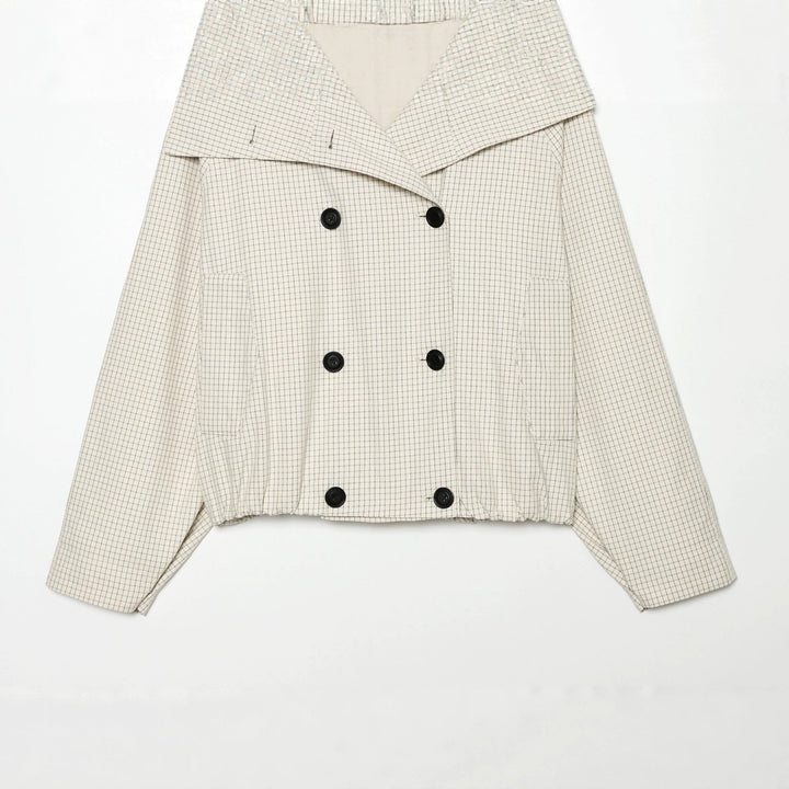 Dam kort skärning double-breasted trenchcoat med oversized sjalkrage och elastisk fåll