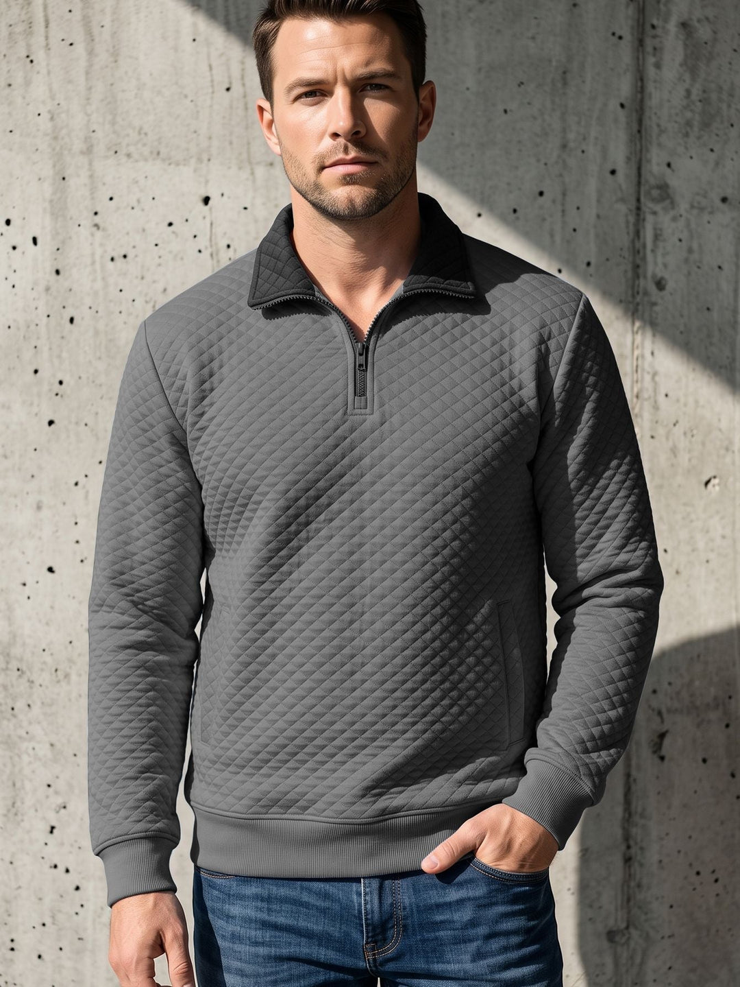 Herr Quiltad Pullover med Troyer Krage och Halv Dragkedja