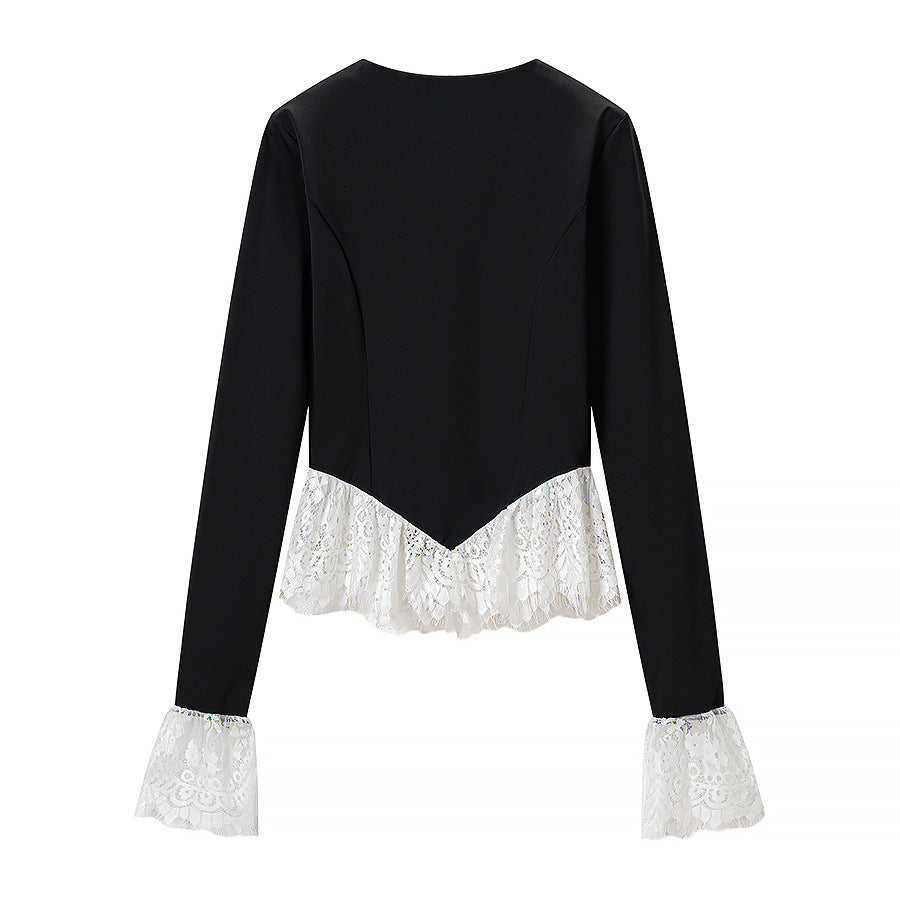 Dam Tailored Kort Jacka med Center Dragkedja och Lace Ruffles