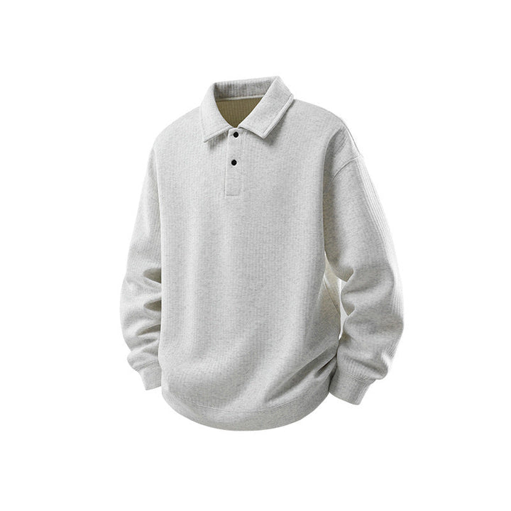 Herr Oversized Waffle Structure Polo Tröja med Halv Knapplist och Ribbstickade Muddar