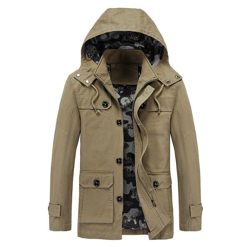 Herr Canvas med Huva Parka med Kamouflage Foder, Utility Fickor, och Hidden Dragkedja Slå
