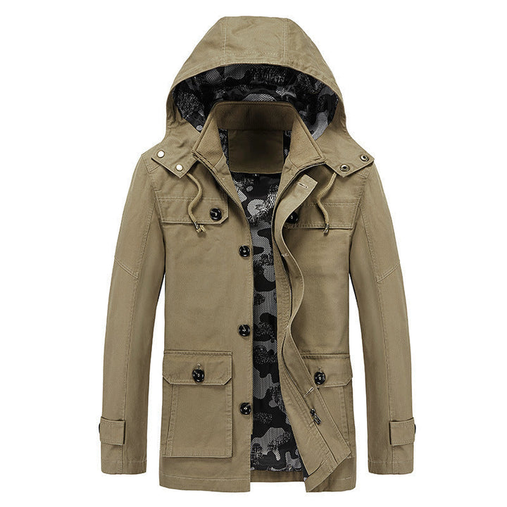 Herr Canvas med Huva Parka med Kamouflage Foder, Utility Fickor, och Hidden Dragkedja Slå