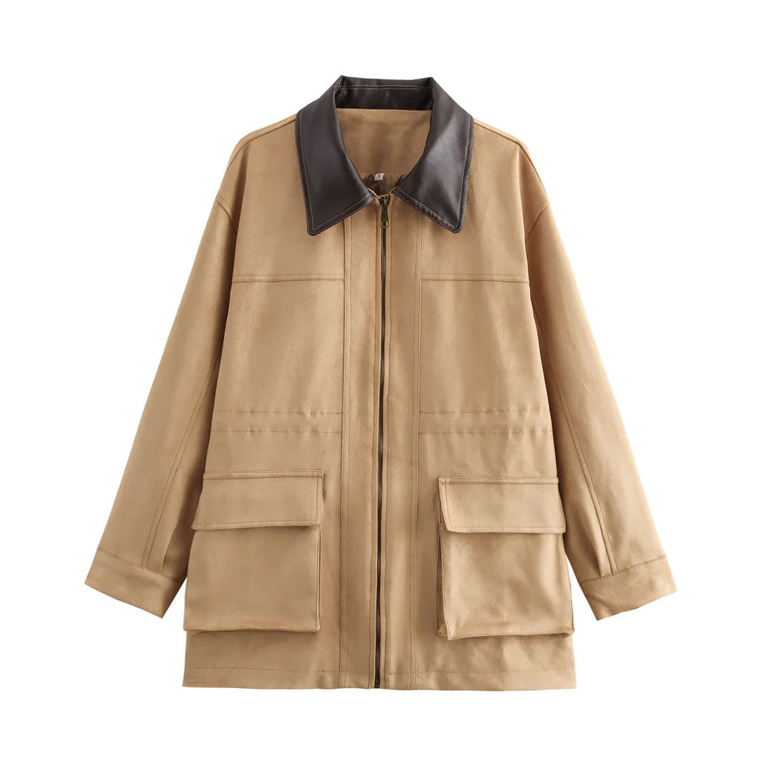 Dam oversized field jacka med kontrasterande läder krage, concealed dragkedja, och stor patch flap fickor