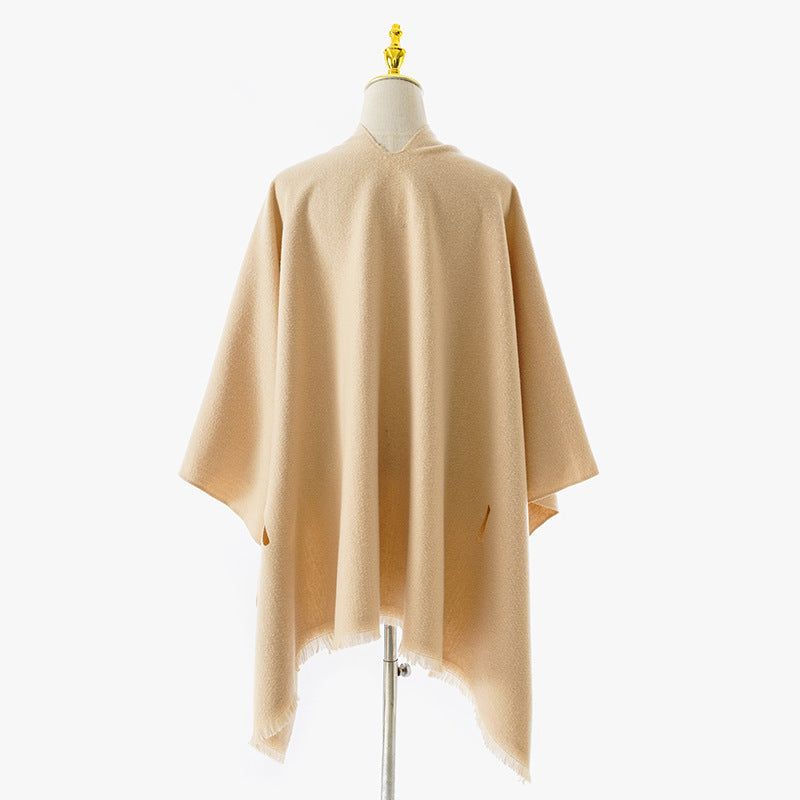 Dam Wrap poncho med Tie bälte, V-Neck och Fringed fåll