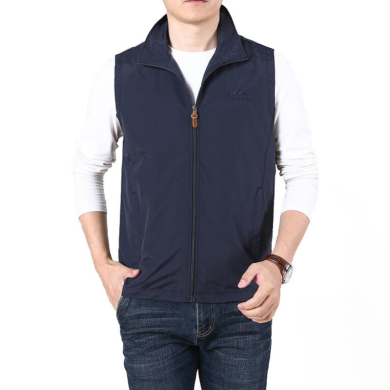 Herr Sleeveless Utility Väst med Ståkrage, Dragkedja och Fickor