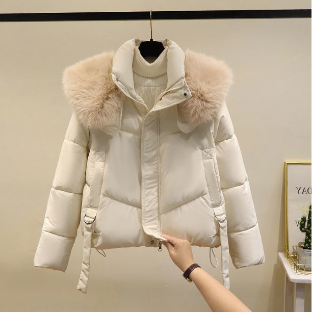 Dam nano kort thermo pufferjacka med detachable faux fur krage, hög closing ståkrage, och fåll med dragsko