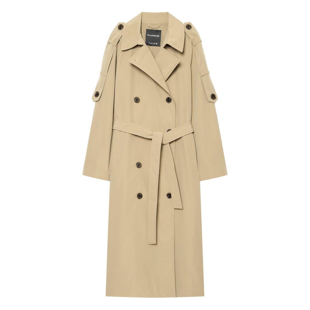 Dam Lång Klassisk Double-Breasted Trenchcoat med Belt och Ärm Tabs
