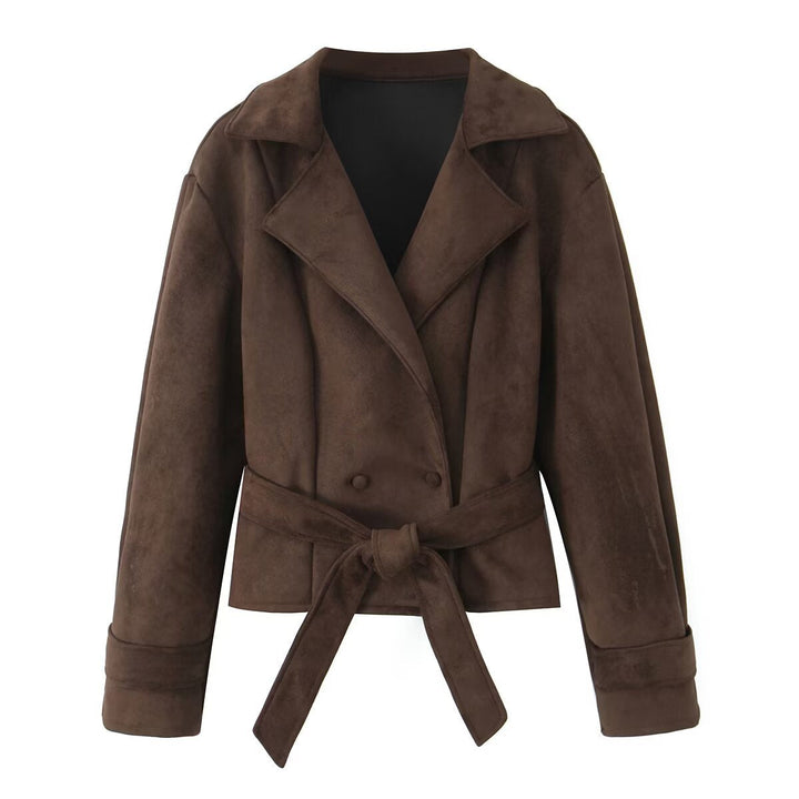 Dam Kort Tailored Velvet Suede Jacka med Tie Belt och Lapel Krage