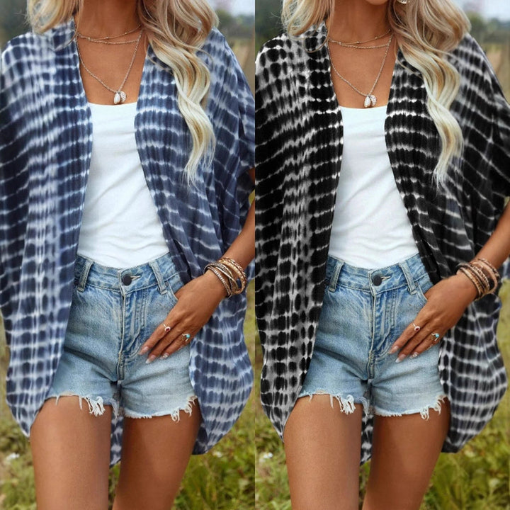 Dam Open lätt kimono kofta med Tie-Dye mönster och korta ärmar