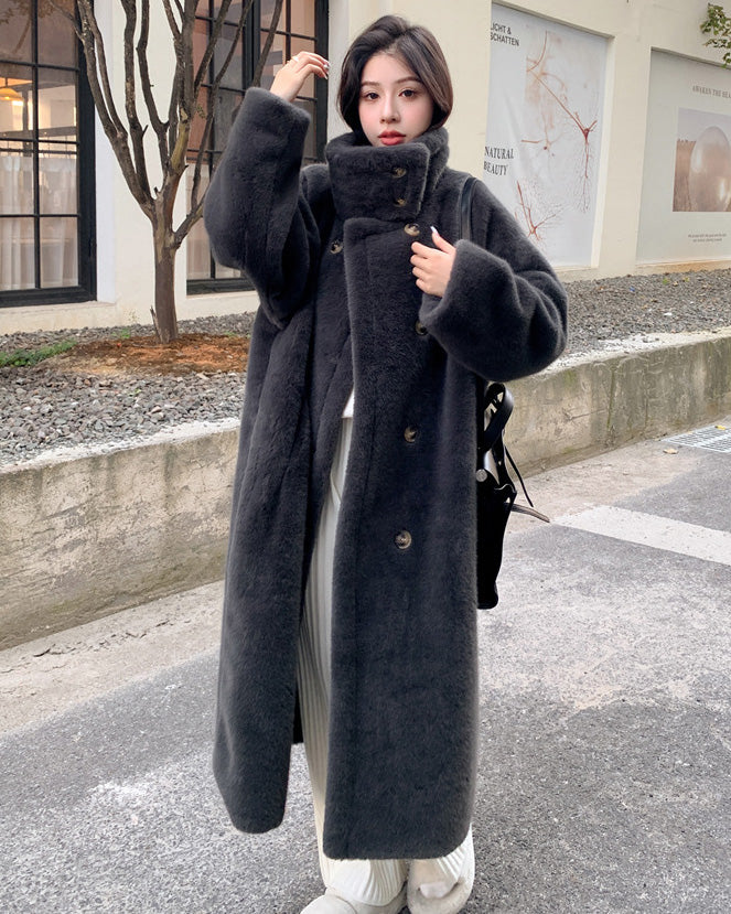 | Krage Double Breasted Fusk Mink Päls lång kappa