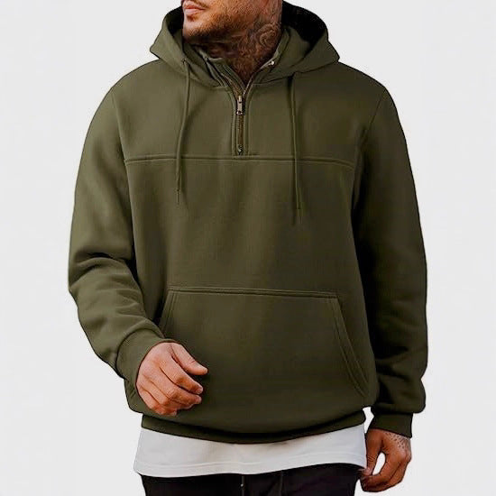 Herr med Huva Pullover med Halv Dragkedja, Känguruficka och Ribbstickade Muddar