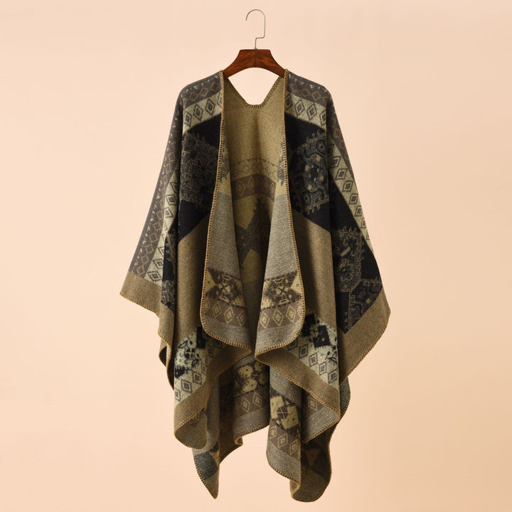 Dam Jacquard poncho Cape med Ethno mönster och ullblandning