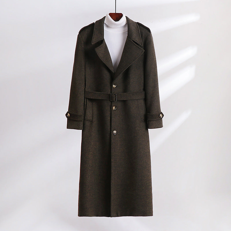 Herr Maxi-Length Ullblandning Overcoat med Boxig Siluett, Sjalkrage Krage och Dekorativa Axelklaffar