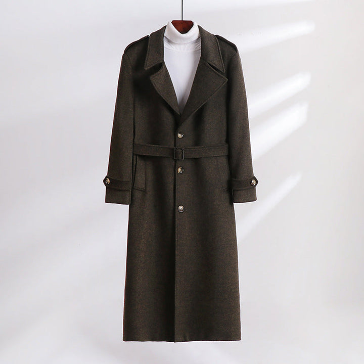 Herr Maxi-Length Ullblandning Overcoat med Boxig Siluett, Sjalkrage Krage och Dekorativa Axelklaffar