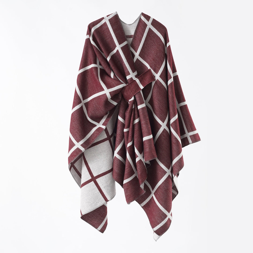 Dam Oversize ullblandning poncho med bälte och Check mönster