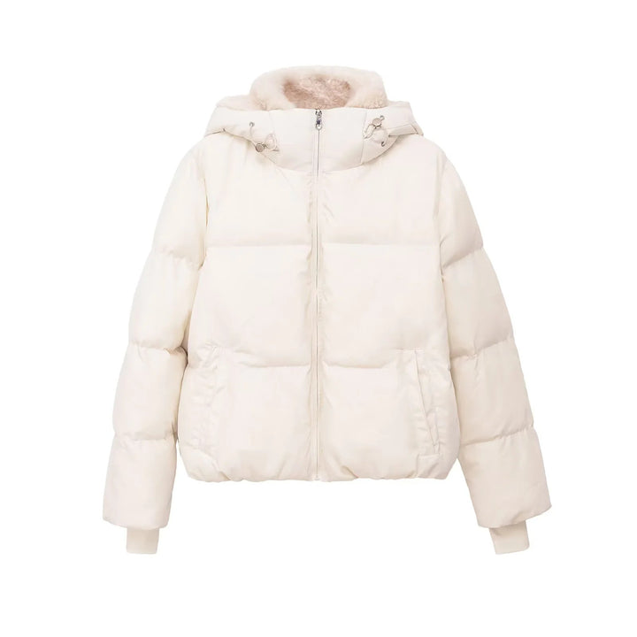 Dam quiltad hooded down-look jacka med teddy foder och hög krage