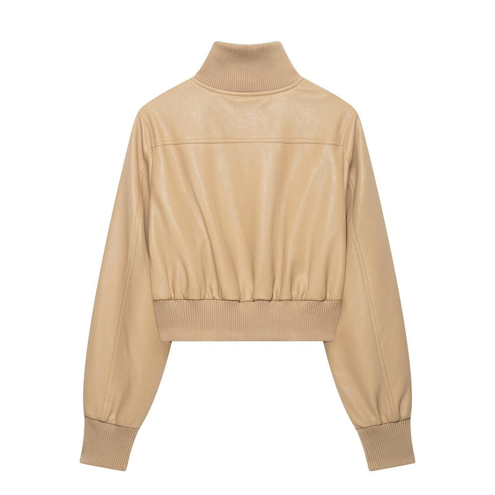 Dam Kort Skärning Läder Blouson med Hög Ribbed Krage