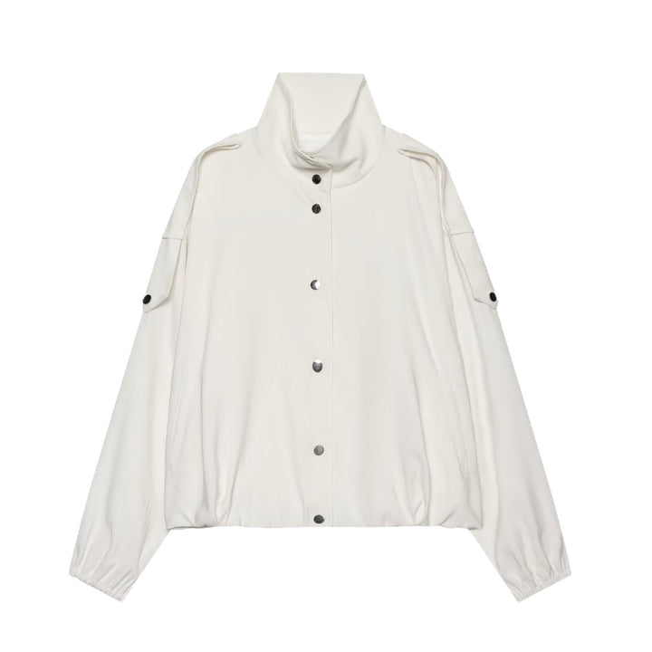 Dam lätt kort Windbreaker in boxig skärning med hög Funnel Neck och ärm Flap fickor