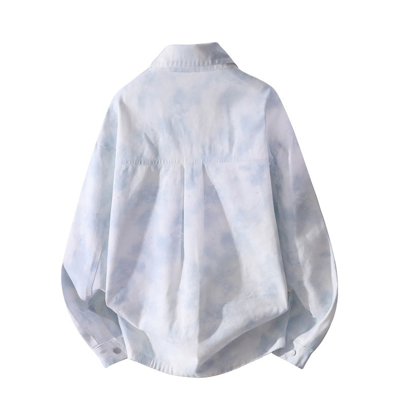 Unisex Oversize Skjortjacka med Tie-Dye Effect, Tryckknapp Knapp Front och Chest Fickor