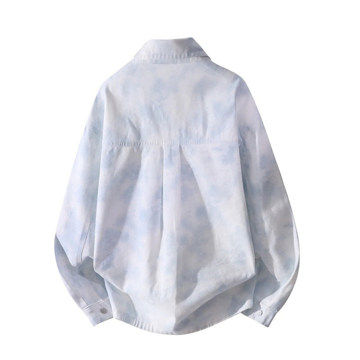 Unisex Oversize Skjortjacka med Tie-Dye Effect, Tryckknapp Knapp Front och Chest Fickor