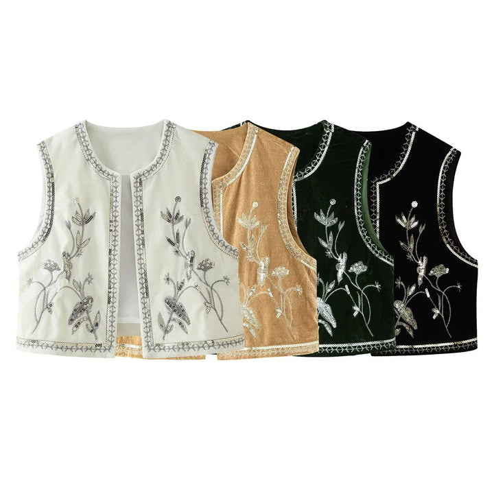 Dam embroidered velvet väst med sequin floral decoration, öppen front och decorative kant