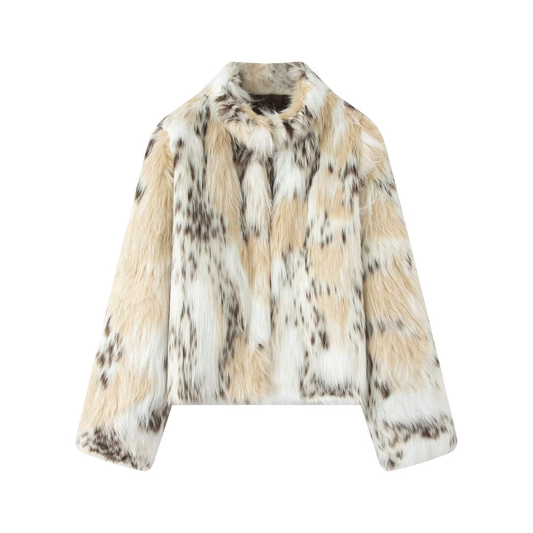 Dam kort jacka gjord faux fur med stand krage