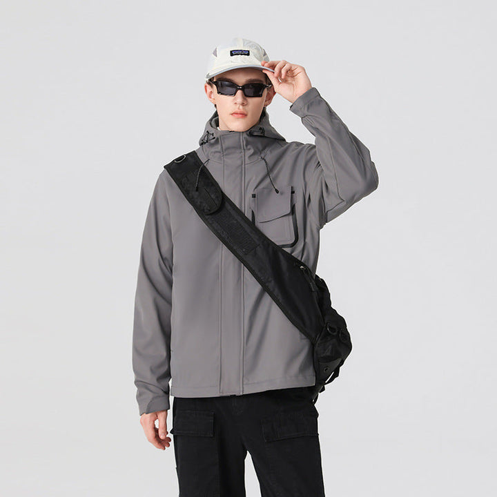Herr Teknisk Funktionell Jacka med Huva, Vattenavvisande Softshell och Bröst Lock Ficka