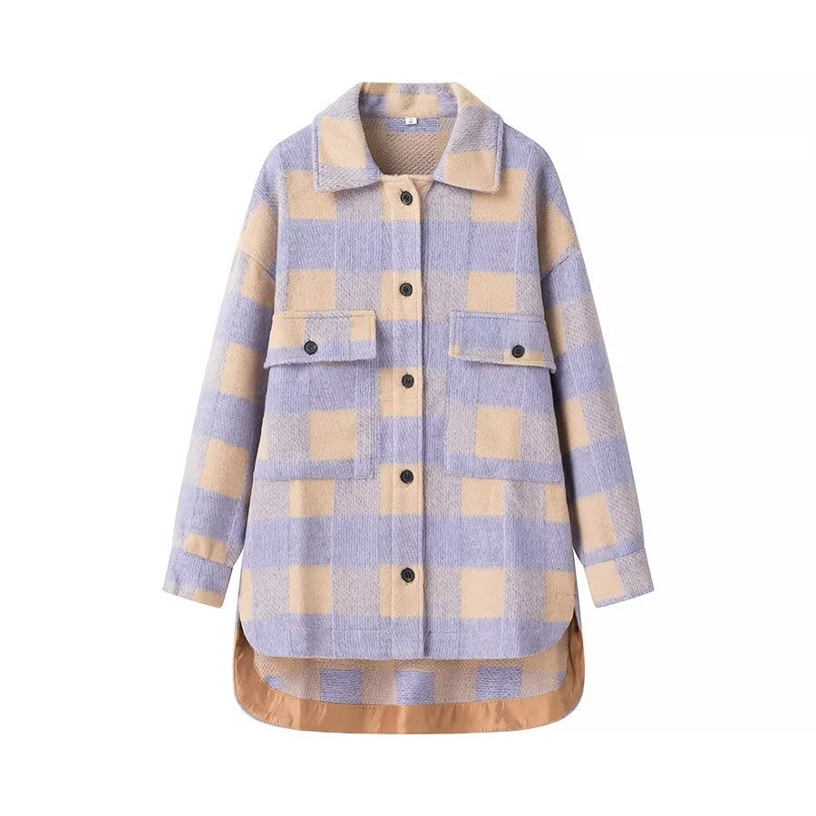 Dam oversized rutig shirt jacka i shacket stil med påsydda fickor och elongated round fåll