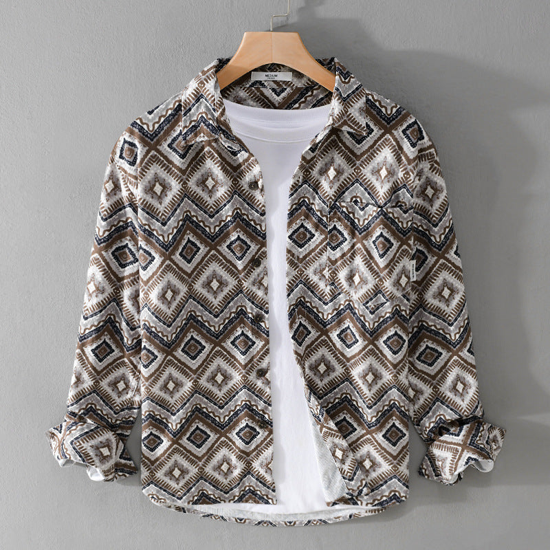 Herr Patterned Overshirt i Avslappnad Passform med Geometrisk Diamant Tryck och Bröstficka