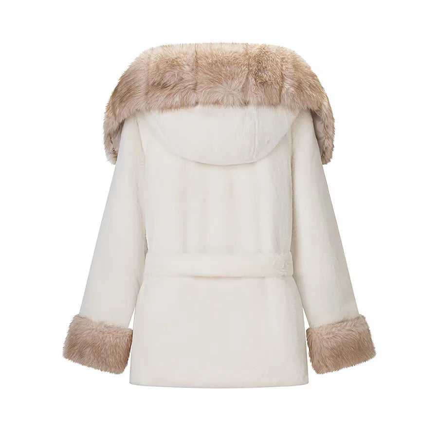 Dam mysig faux fur kappa jacka med huva, midjebälte och kontrast foder