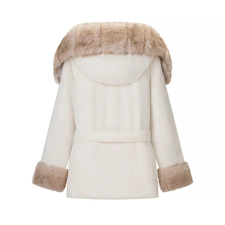 Dam mysig faux fur kappa jacka med huva, midjebälte och kontrast foder