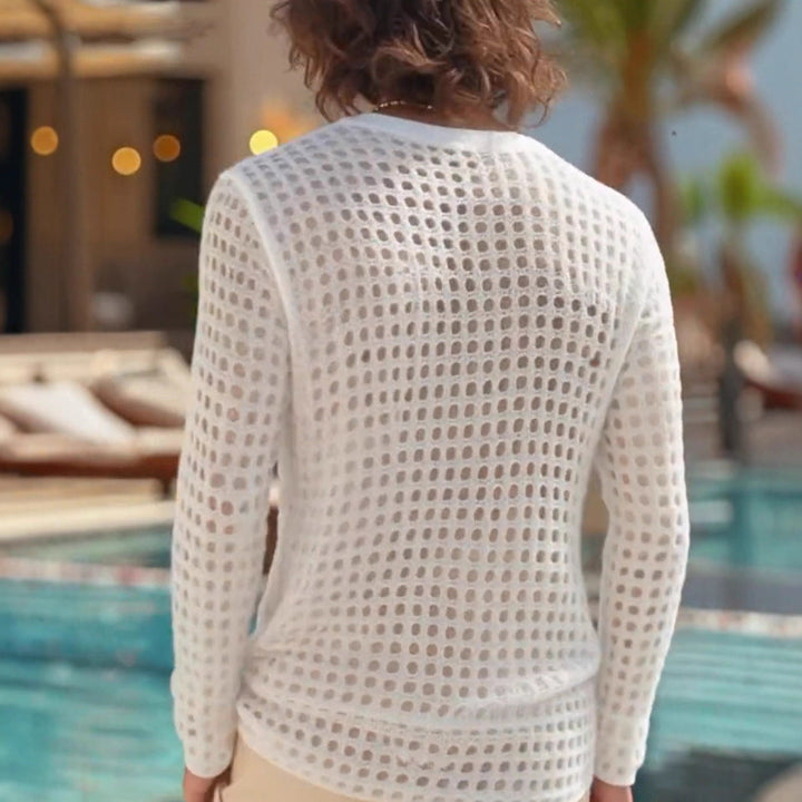 Herr Airy Openwork Stickad Tröja med Square Mesh Mönster och Crew Neck