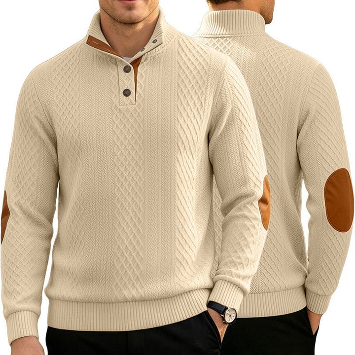 Herr Cable Stickad Jumper med Ståkrage och Läder Look Elbow Lappar