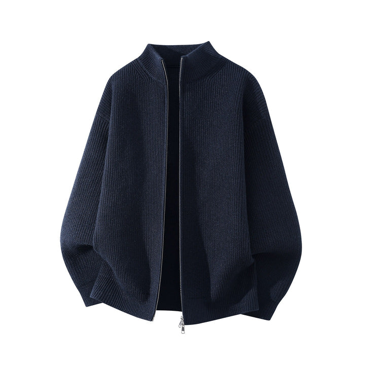 Herr Oversized Chunky Stickad Dragkedja Cardigan med Ståkrage och Tvåvägsdragkedja