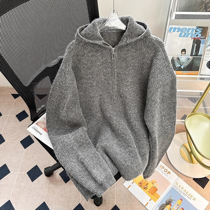 Herr Chunky Stickad Pullover med Huva och Dragkedja