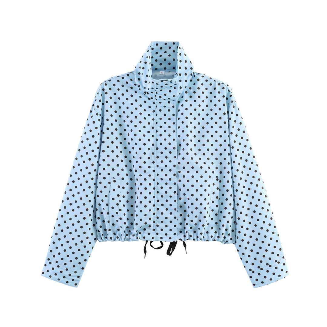 Dam Kort Prickig Prick Övergångsjacka med Stå Krage och Drawstring Nederkant