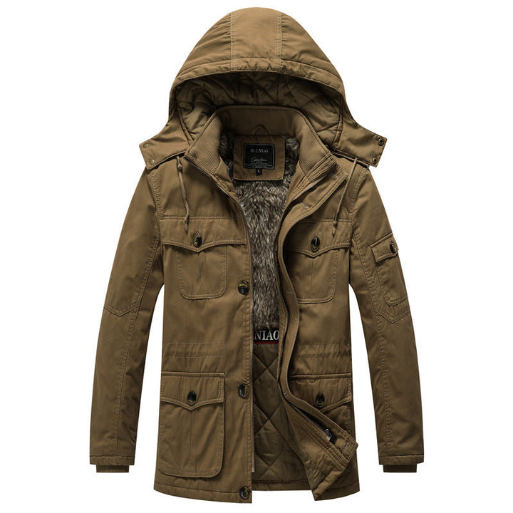 Herr Canvas Parka med Quiltad Termisk Foder, Faux Fur Inre Foder, och Huva