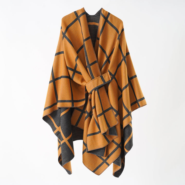 Dam Oversize ullblandning poncho med bälte och Check mönster