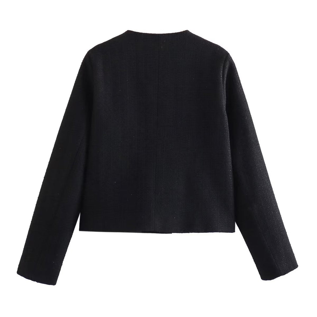 Dam kort-skärning tweed jacka med boucle structure, round neckline och decorative gold knappar