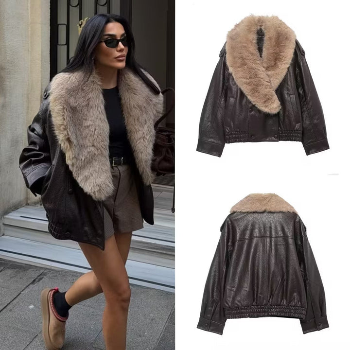 Dam Kort Läder Blouson Jacka med XXL Fur Krage