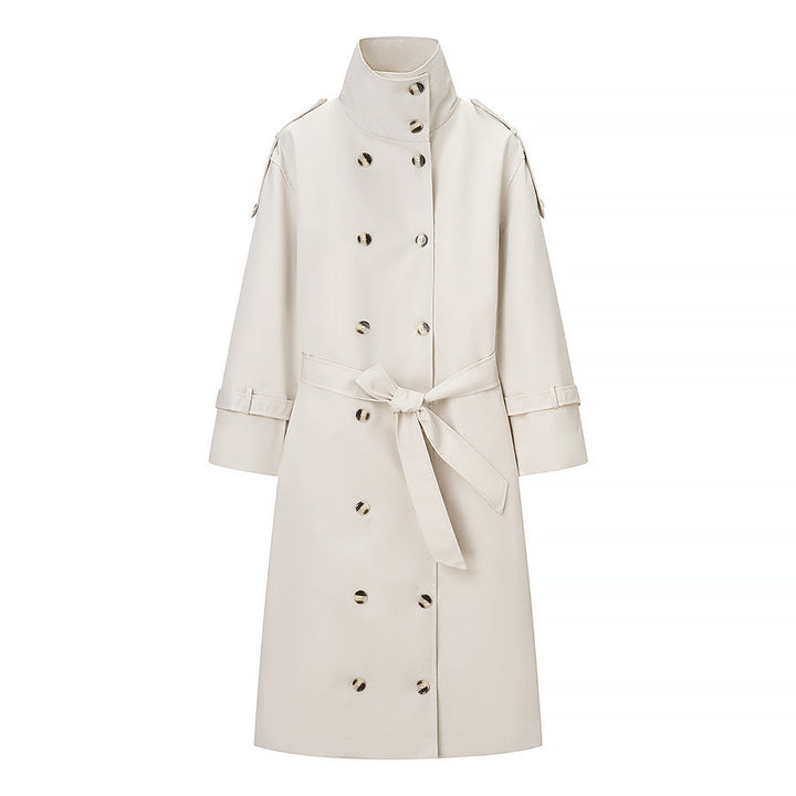 Dam Longer Dubbel-Breasted Trenchcoat med Hög Ståkrage och Midjebälte